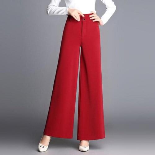 Spring Summer Office Lady Womens Green Wine Red Black Wide Leg Loose High Waisted Pants , Elegant Woman Female Slim Trousers