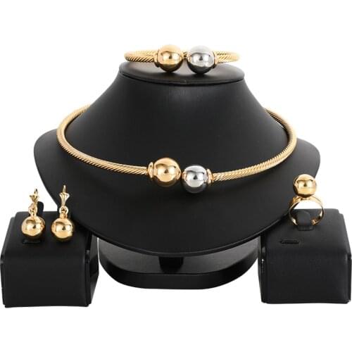 Women African Beads Jewelry Sets beads Necklace Earring Ring Bracelet Jewelries Set Gold Color Statement Accessories
