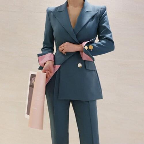 Elegant Fashion Women Suits Sexy Peaked Lapel Pocket Blazer Double Breasted Office Lady Daily Coat 2 Pieces