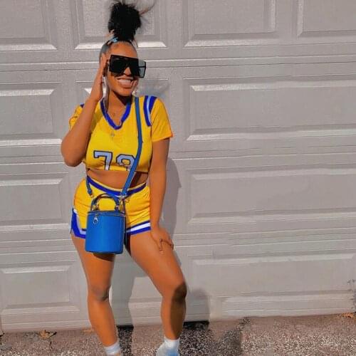 2 Pieces Tracksuit Sportswear Set Female Summer Number Print U-Neck Short Sleeve Crop Tops Shorts Clothes Suit for Women New