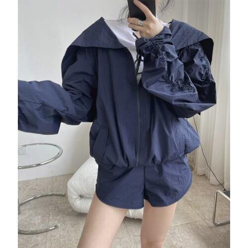 2021 summer new coat fashion casual navy collar pleated short zipper long sleeve loose slim top women