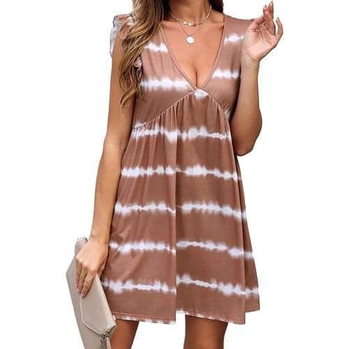 Butterfly Sleeve Summer Dresses Womens Tie-Dye Stripe Print V-neck Sleeveless Dress Beach Casual Loose Mini Dress With Pockets