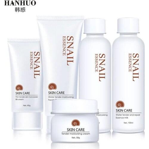 Hanhuo 5pcs/Kit Snail Repair Essence Skin Care Set Hyaluronic Acid Facial Cleanser BB Whitening Moisturizing