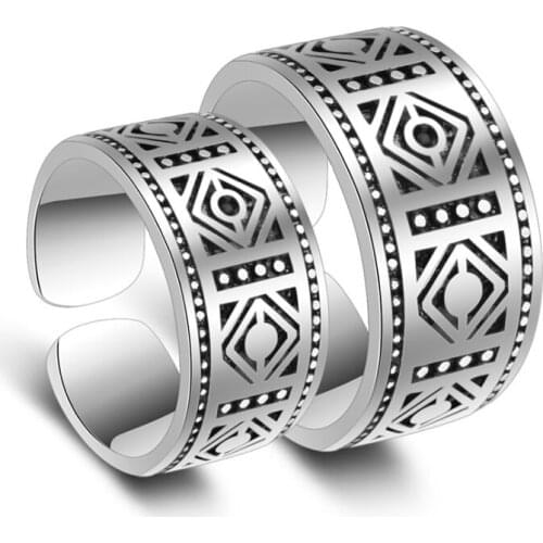 ANENJERY 925 Sterling Silver Couple Rings Totem Classic Retro Carving Opening Thai Silver Rings For Men and Wmen S-R37