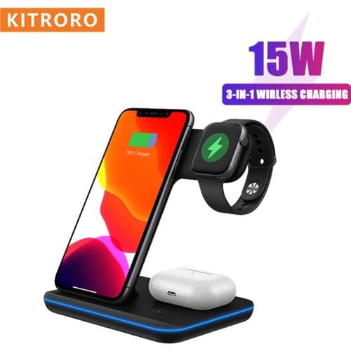 KITRORO 15W Qi Fast Wireless Charger Stand For iPhone 11 12 X 8 Apple Watch 3 in 1 Foldable Charging Dock Station for Airpods