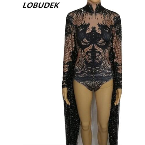 Vintage Printed Long Tassel Sleeve Bodysuit Black Gold Fringes Rhinestones Jumpsuit Stretch Tights Dancer Leotard Stage Costume