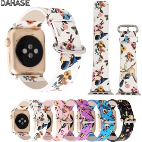 DAHASE Watchband for Apple Watch Leather Strap Traditional Chinese Realistic Painting Style Bird Flower Band for iWatch 42/38mm