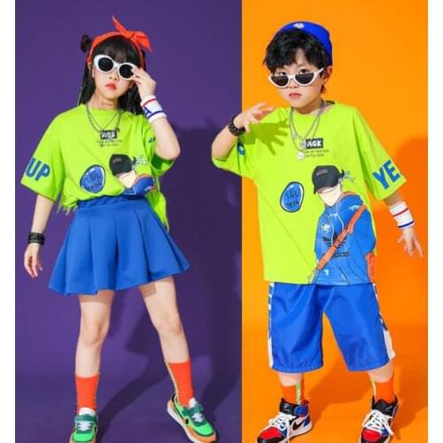 Kids Hip Hop Show Outfits For Singers Green T Shirt Tops Skirt Shorts Streetwear for Girls Boys Jazz Dance Costume Stage Clothes