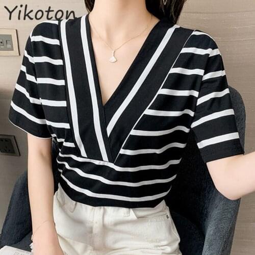 2021 Summer Women Tshirt Striped Cotton Short Sleeve T-shirt Womens Clothing V-neck T Shirt Female Top Fashion Basic Sexy Femme