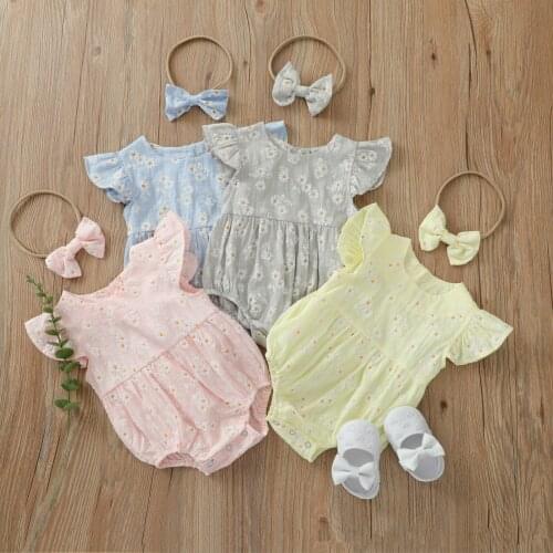 FOCUSNORM Newborn Baby Girls Lovely Rompers Headband 2pcs Flowers Printed Ruffles Short Sleeve Jumpsuits 0-24M 4 Colors