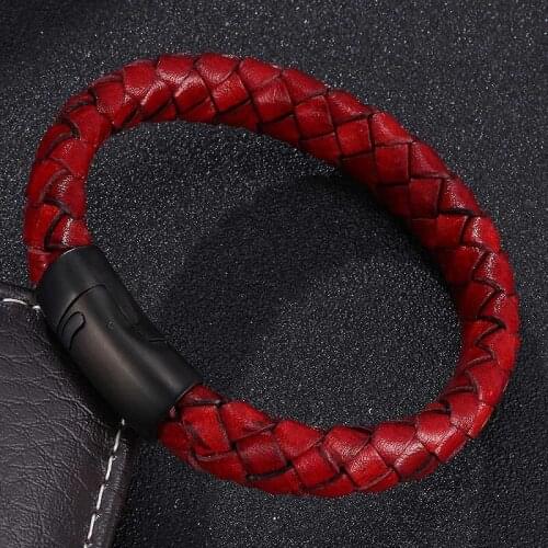 Red Braided Leather Rope Bracelet Vintage Men Jewelry Black Magnetic Buckle Bracelets Male Wrist Band Pulsera Hombre ST509