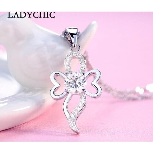 LADYCHIC Fashion White AAA+ Cubic Zircon Pendant Silver Color Bowknot Shape Trendy Necklace for Women Wedding Jewelry LN1010