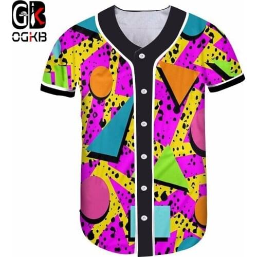OGKB Harajuku Novelty Sporty 3d Printed Colorful Geometry Baseball Shirt Fuchsia Short Sleeve Tee Tops Slim Fit Plus Size