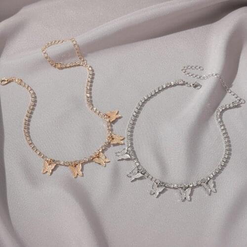 Hip Hop White Rhinestone Butterfly Insect Pendant Golden Silver Plated Alloy Choker Necklace for Women