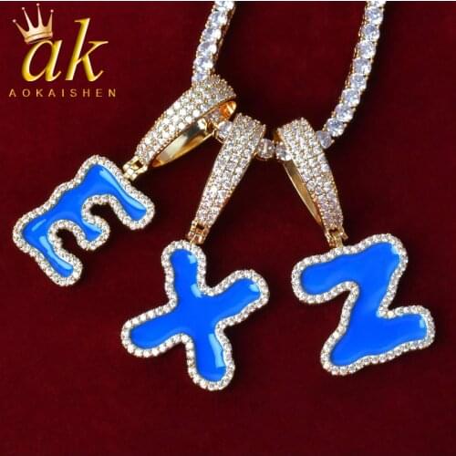 Initial Blue Oil Letters Pendant Necklace For Women Gold Color Cubic Zircon Solid Back Hip Hop Rock Street Jewelry