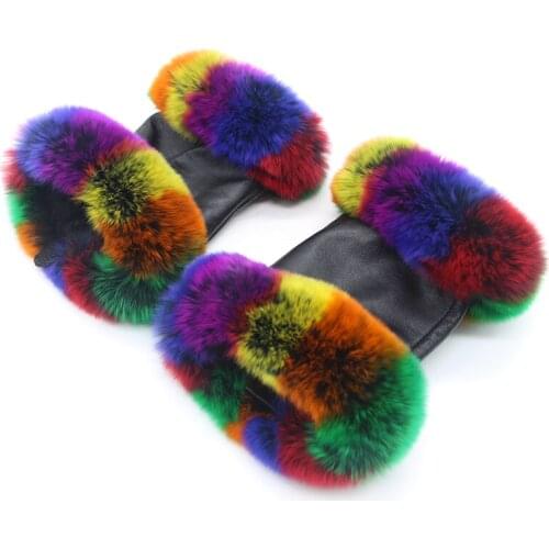 Colorful fox fur gloves women autumn and winter outdoor warm gloves travel riding wear real sheepskin production 2021new discout