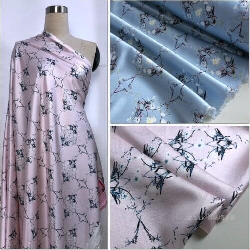 2 meter Blue/pink Natural Silk Fabric Shirt Dress Cloth Stretch Satin White Bouquet