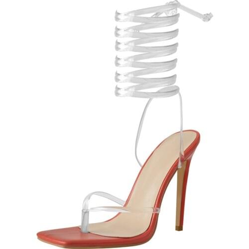 Richealnana Square Toe High Heels Sandals Women Lace-up Flip Flops PVC Ankle Strap Cross-Tied Matte Open Toe Fashion Shoes