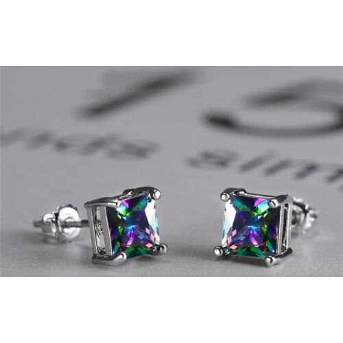 Mystic Rainbow Zircon Stud Earrings Multicolor Crystal Square Stone Screw Back Earrings Fashion Silver Color Earrings For Women