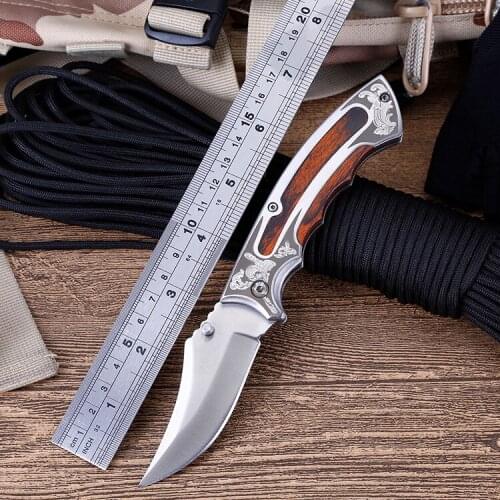 Folding Knife 7.68'' Survival Tactical Pocket Knife Wood Handle Outdoor Hiking Camping Hunting Knives for Self-defense EDC Tools