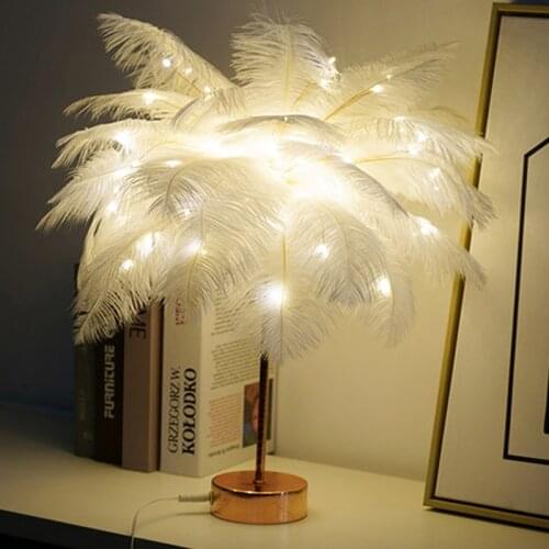 LED Fairy Feather Lamp Desk Decorative Table Lamp Remote Control for Home Livingroom Bedroom Girl Room Wedding Decor Night Light
