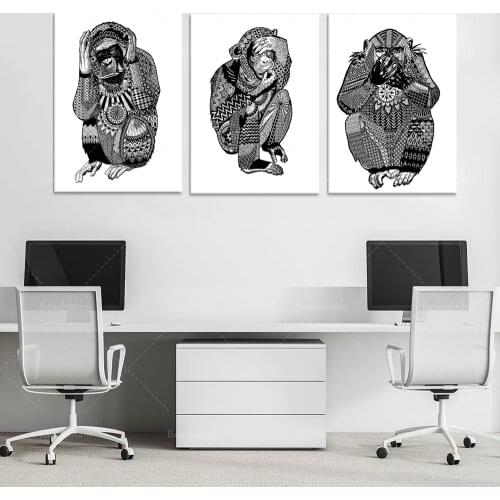 TROIS PETITS SINGES de la sagesse / Three wise monkeys-animal art prints, animal decorative wall art, black and white posters, a
