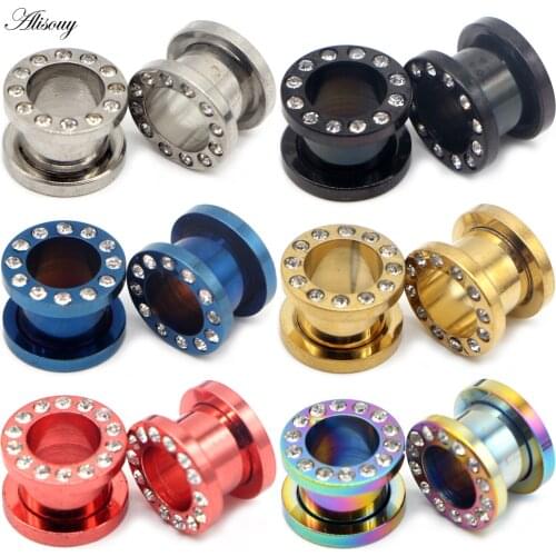 Alisouy 2pcs Steel Paved Crystal Gem Ear Piercing Tunnel Gauge Colorful Screw Fit Ear Flesh Plugs Ear Expander Piercing Jewelry