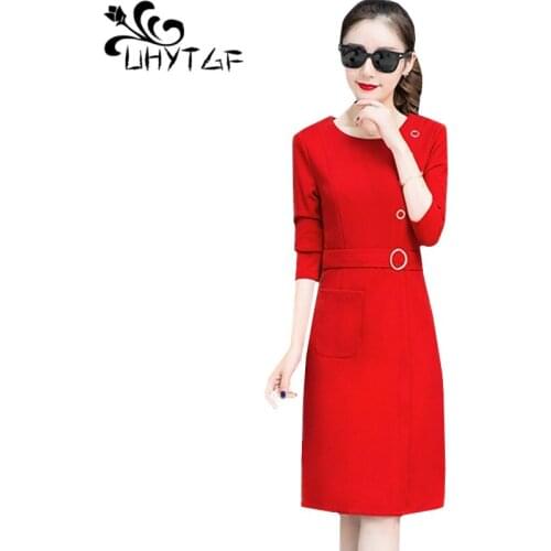 UHYTGF 3XL dress women Fashion long sleeve spring autumn dress vestidos female Solid color round neck pocket elegant dresses 940