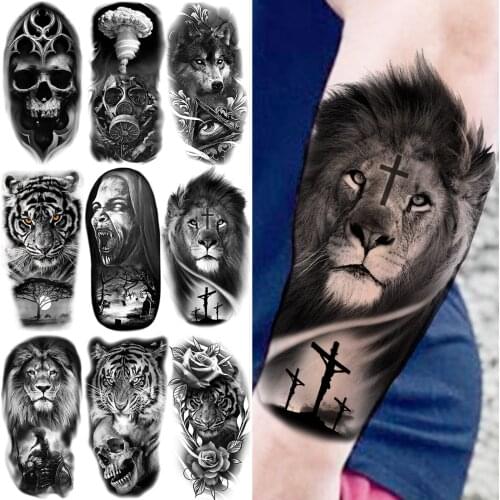 Black Lion Cross Temporary Tattoos For Realistic Tiger Pirate Ship Compass Rose Flower Fake Tattoo Sticker Forearm Tatoos Big