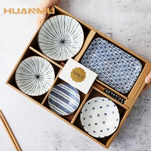Japanese Bowl Dish Plate Set With Chopsticks Home Ceramic Rice Bowl One Person Dinnerware Set Tableware Retro Gift Utensils