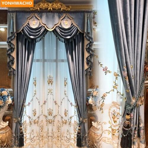 Custom curtains luxury thick Velvet Embroidered grey blue European Bedroom Window cloth blackout curtain tulle valance B360