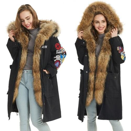 2019 new Fashion women Raccoon hairy collar Embroidered armband Medium and long section Fur Leisure Cotton jacket