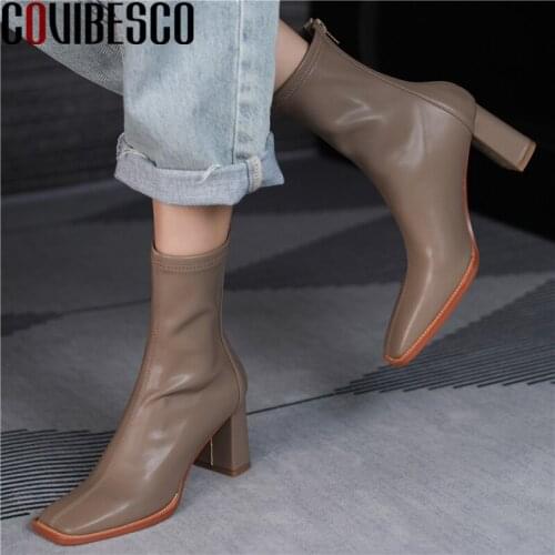 COVIBESCO Square Toe High Heels Women Ankle Boots Fashion Concise Office Casual Back Zip Stretch Boots Autumn Winter Shoes Woman