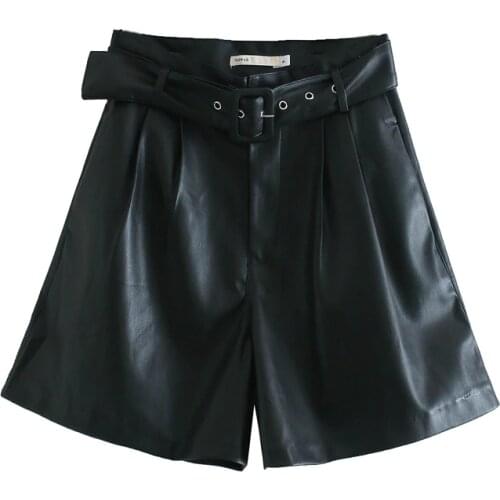 2020 Winter New Women Orange Color PU Bermuda Shorts Faux Leather Belted Shorts