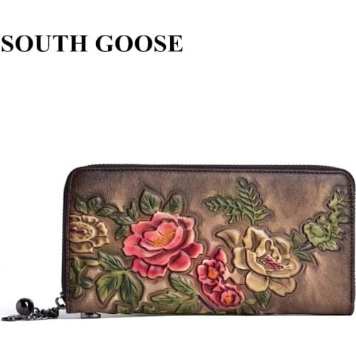 SOUTH GOOSE Genuine Leather Women Wallets Female Classical Long Day Clutch Purse Flower Embossing Money Bag Lady Card Holder