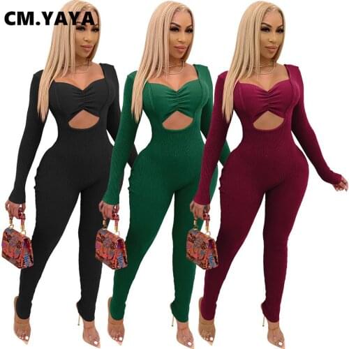 CM.YAYA Active Corduroy Cut Out Waist Draped Long Sleeve Bodycon Jumpsuit Women Sexy Club Party One Piece Overall Romper 2021
