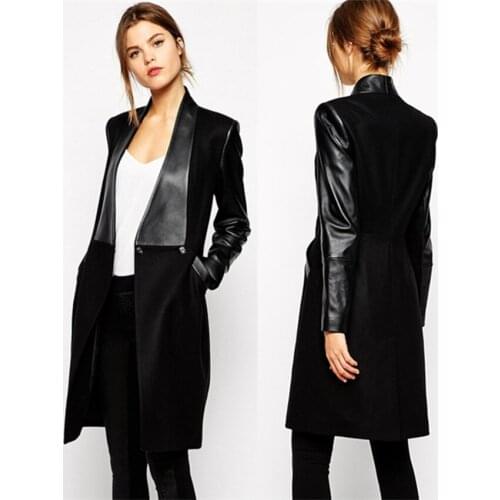 Autumn and winter womens wear Stitched PU leather medium length Slim woolen coat Wool coat coat women Thick coat