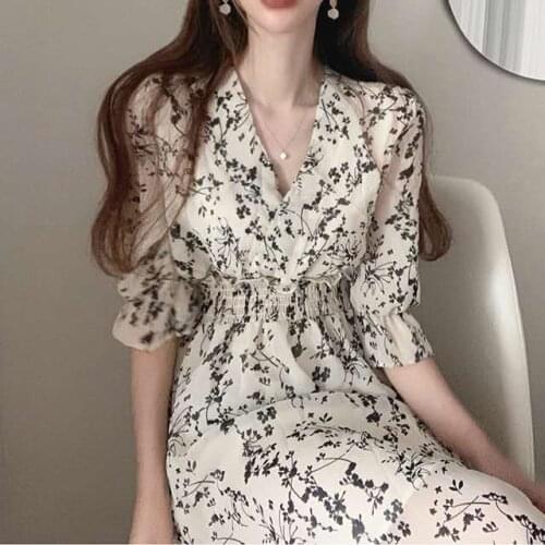 Korean-Style High-Waisted Summer 2020 New Printed Chiffon Women Dresses Vintage V-neck Floral Shorts Sleeve Chiffon Dress 818F