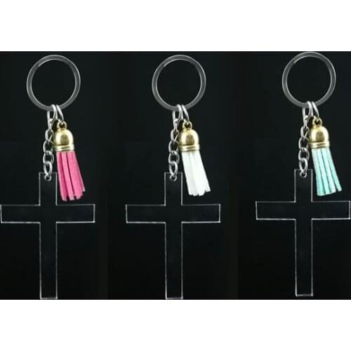 10pcs/lot Personalized Fashion Key Ring Metal Key Chain Jewelry Silverring Ring Transpar Acrylic Crystal Cross Christian decor
