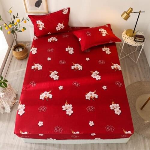 3 Pcs Bed Sheets and Pillowcase Red Color Flower Printed Fitted Sheet with Elastic Drap De Lit Bed Fitted Sheet