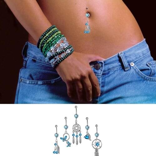 5Pcs/Set Stainless Steel Blue Crystal Dream Catcher Series Belly Ring Belly Button Ring Body Piercing Set Jewelry Body Jewelry