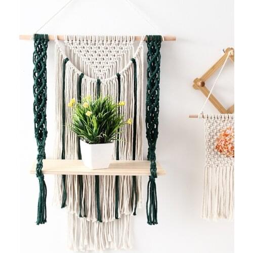 Nordic Hand-woven Macrame Wall Hanging Tapestry Rack Home Storage Wooden Shelf Bohemian Crafts Decoration