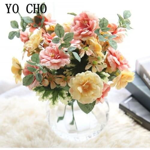 YO CHO Artificial Flowers Silk Camellia Bouquet Christmas Home Decor 5 Heads Fake Rose DIY Flower Arrangement Room Party Decor