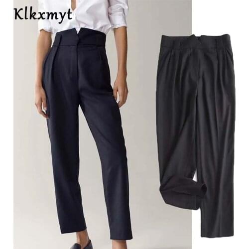 Klkxmyt Za Pants Women 2020 Chic Fashion Casual Solid Straight Pants Vintage High Waist Zipper Female Ankle Trousers Mujer