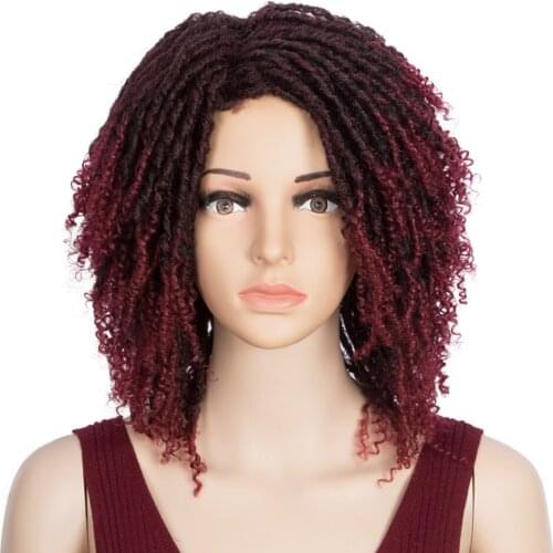 Synthetic Afro Kinky Curly Wigs For Black Women 14 Inch Short Dreadlock Ombre Red Brown Cosplay Wig With Bangs Classic Plus