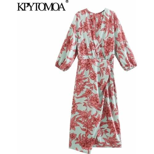 KPYTOMOA Women 2021 Fashion With Knot Floral Print Crossover Midi Dress Vintage V Neck Three Quarter Sleeve Female Dresses Mujer