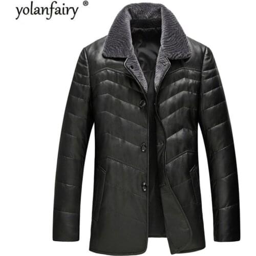YOLANFAIRY Genuine Leather Jacket Men Sheepskin Leather Wool Fur Collar Coat Winter Top Quality Plus Size Outwear GSJ8328B MF051