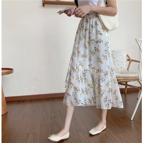 A Line High Waist Skirt 2021 New All Match Sag Loose Mid Length Maxi Chiffon Floral Skirt Female Summer DS180