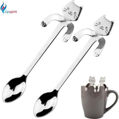 New 2Pcs Stainless Steel Coffee & Tea Spoon Mini Cat Long Handle Creative Spoon Drinking Tools Kitchen Gadget Flatware Tableware