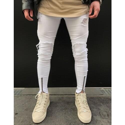 Men motorcycle casual jeans fashion washed distressed hole stretch slim jeans knee pleated calf zipper pencil pants denim pants